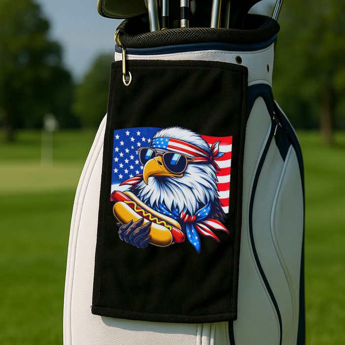 Funny Bald Eagle Hotdog American Flag 4th Of July Patriotic Golf Towel