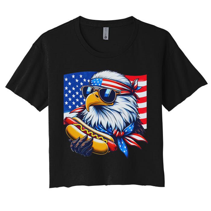 Funny Bald Eagle Hotdog American Flag 4th Of July Patriotic Women's Crop Top Tee