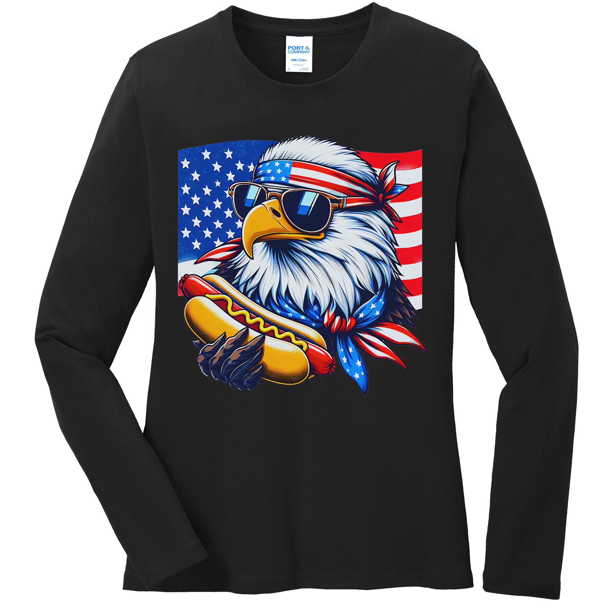 Funny Bald Eagle Hotdog American Flag 4th Of July Patriotic Ladies Long Sleeve Shirt