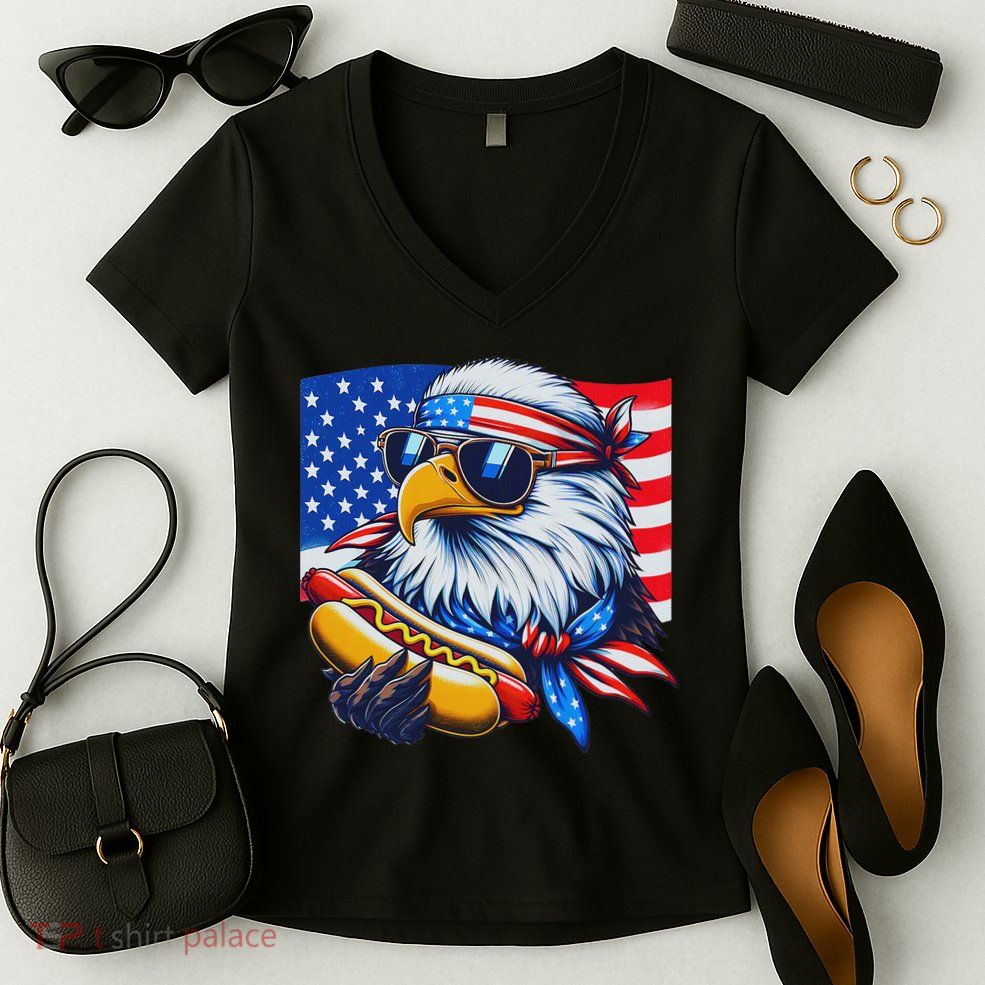 Funny Bald Eagle Hotdog American Flag 4th Of July Patriotic Women's V-Neck T-Shirt