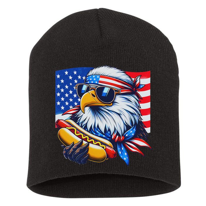 Funny Bald Eagle Hotdog American Flag 4th Of July Patriotic Short Acrylic Beanie