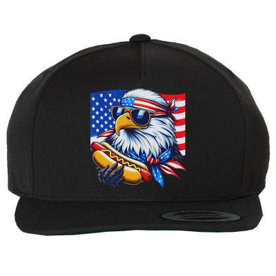 Funny Bald Eagle Hotdog American Flag 4th Of July Patriotic Wool Snapback Cap