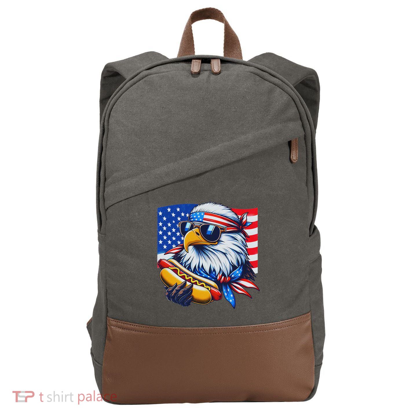 Funny Bald Eagle Hotdog American Flag 4th Of July Patriotic Cotton Canvas Backpack