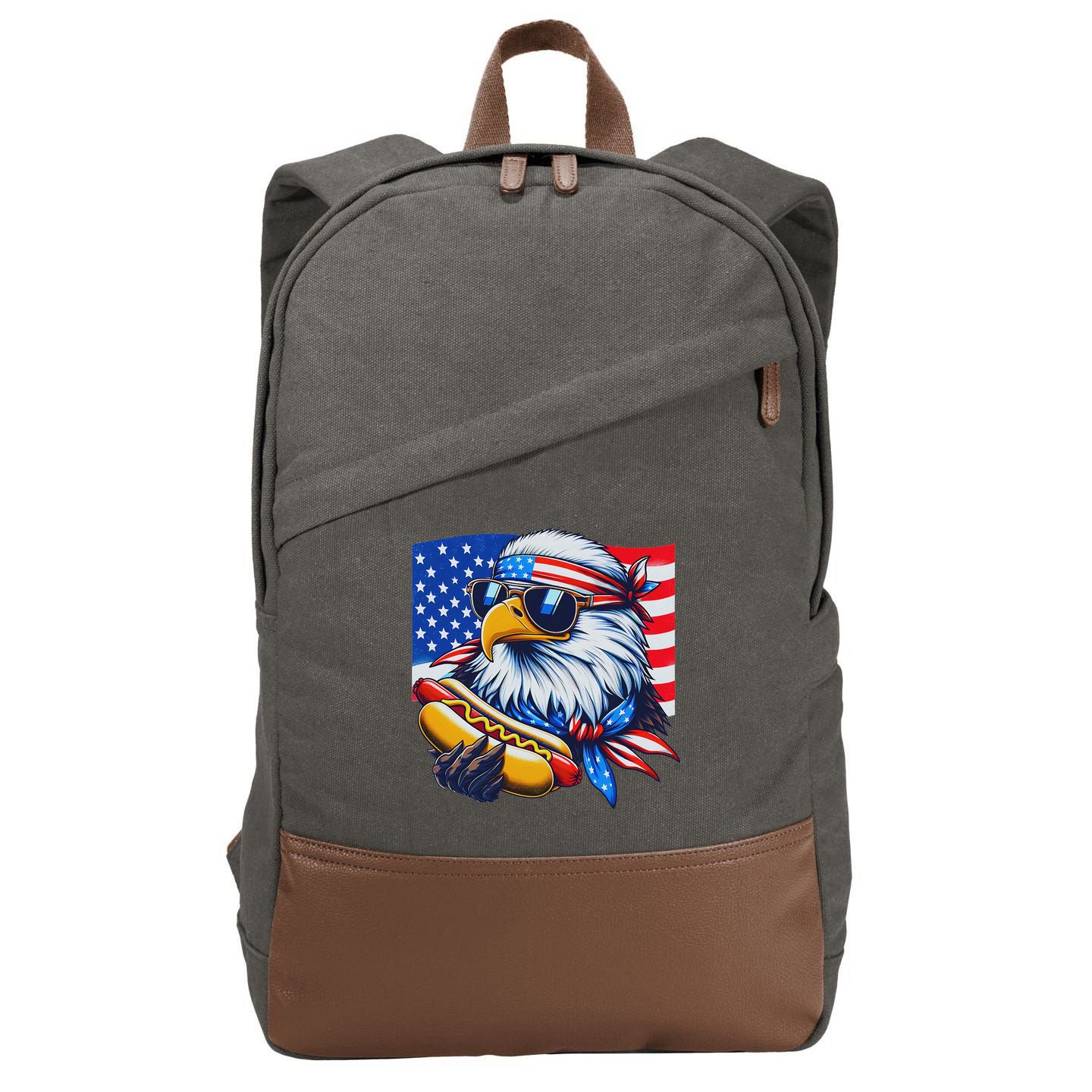 Funny Bald Eagle Hotdog American Flag 4th Of July Patriotic Cotton Canvas Backpack