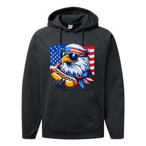 Funny Bald Eagle Hotdog American Flag 4th Of July Patriotic Performance Fleece Hoodie