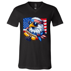 Funny Bald Eagle Hotdog American Flag 4th Of July Patriotic V-Neck T-Shirt