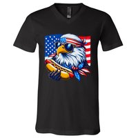 Funny Bald Eagle Hotdog American Flag 4th Of July Patriotic V-Neck T-Shirt