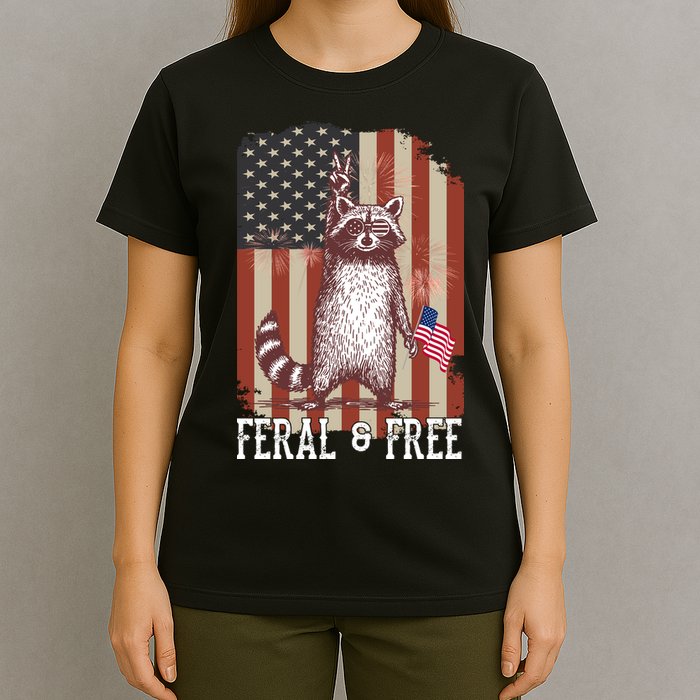 Feral But Free Raccoon July 4th Patriotic For Family T-Shirt