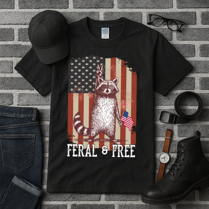 Feral But Free Raccoon July 4th Patriotic For Family Tall T-Shirt