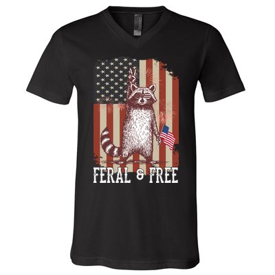 Feral But Free Raccoon July 4th Patriotic For Family V-Neck T-Shirt