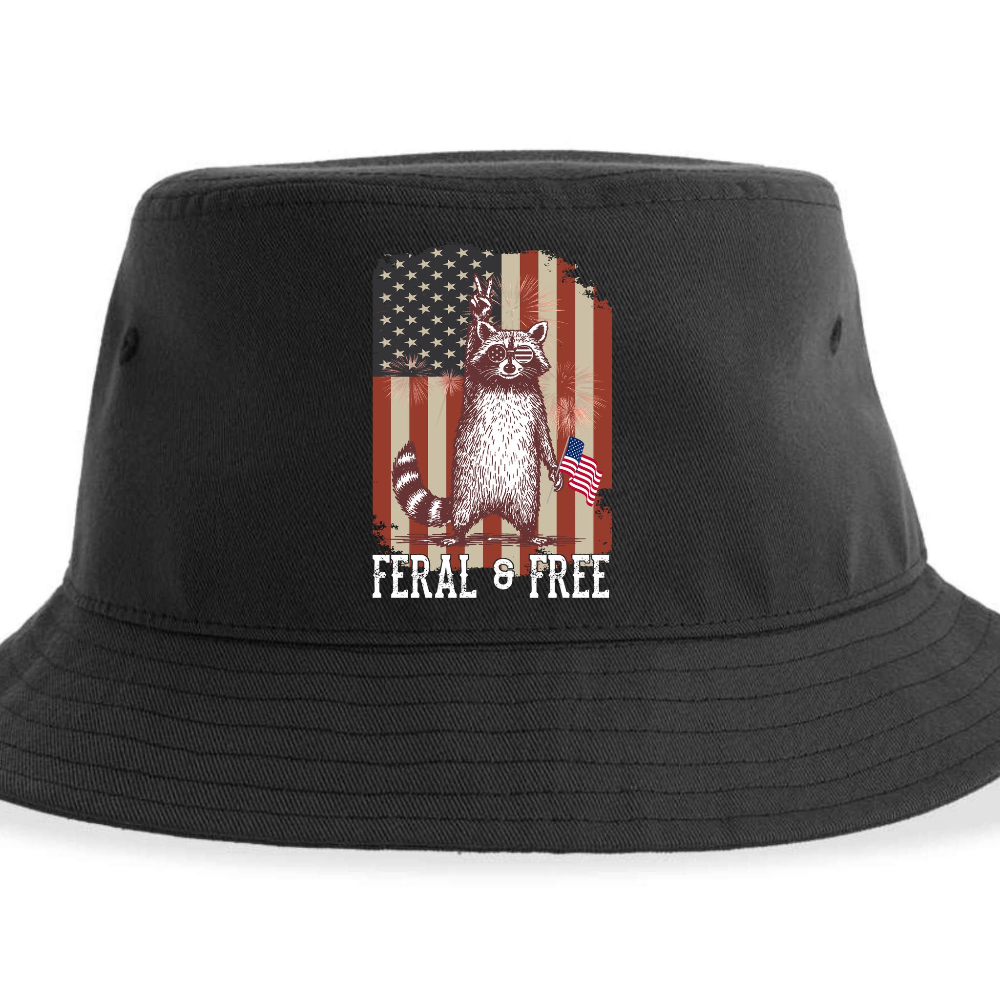 Feral But Free Raccoon July 4th Patriotic For Family Sustainable Bucket Hat
