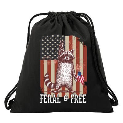 Feral But Free Raccoon July 4th Patriotic For Family Drawstring Bag