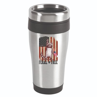 Feral But Free Raccoon July 4th Patriotic For Family 16oz Travel Tumbler