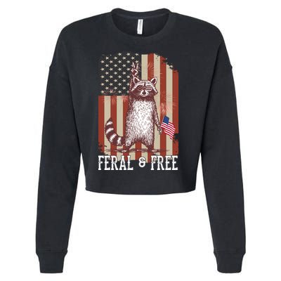 Feral But Free Raccoon July 4th Patriotic For Family Cropped Pullover Crew