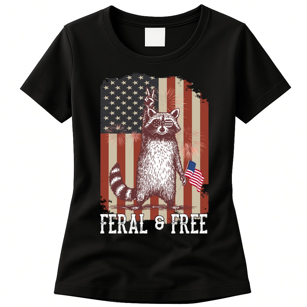 Feral But Free Raccoon July 4th Patriotic For Family Womens T-Shirt
