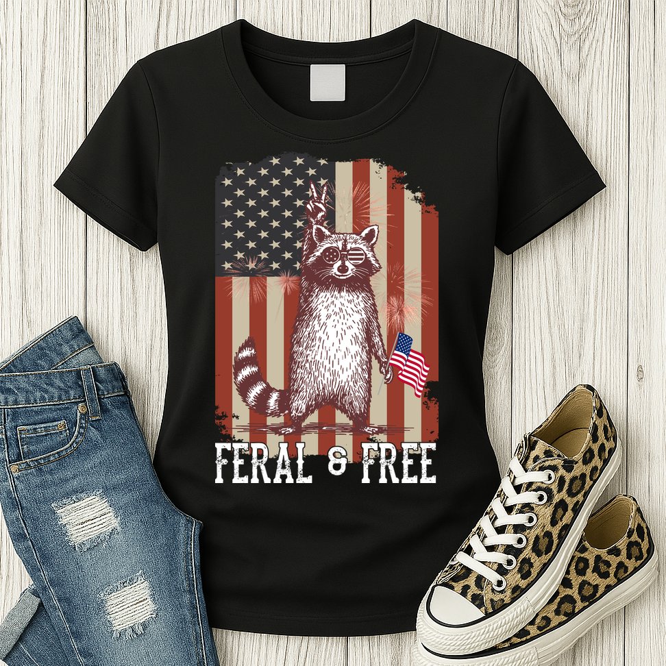 Feral But Free Raccoon July 4th Patriotic For Family Womens T-Shirt
