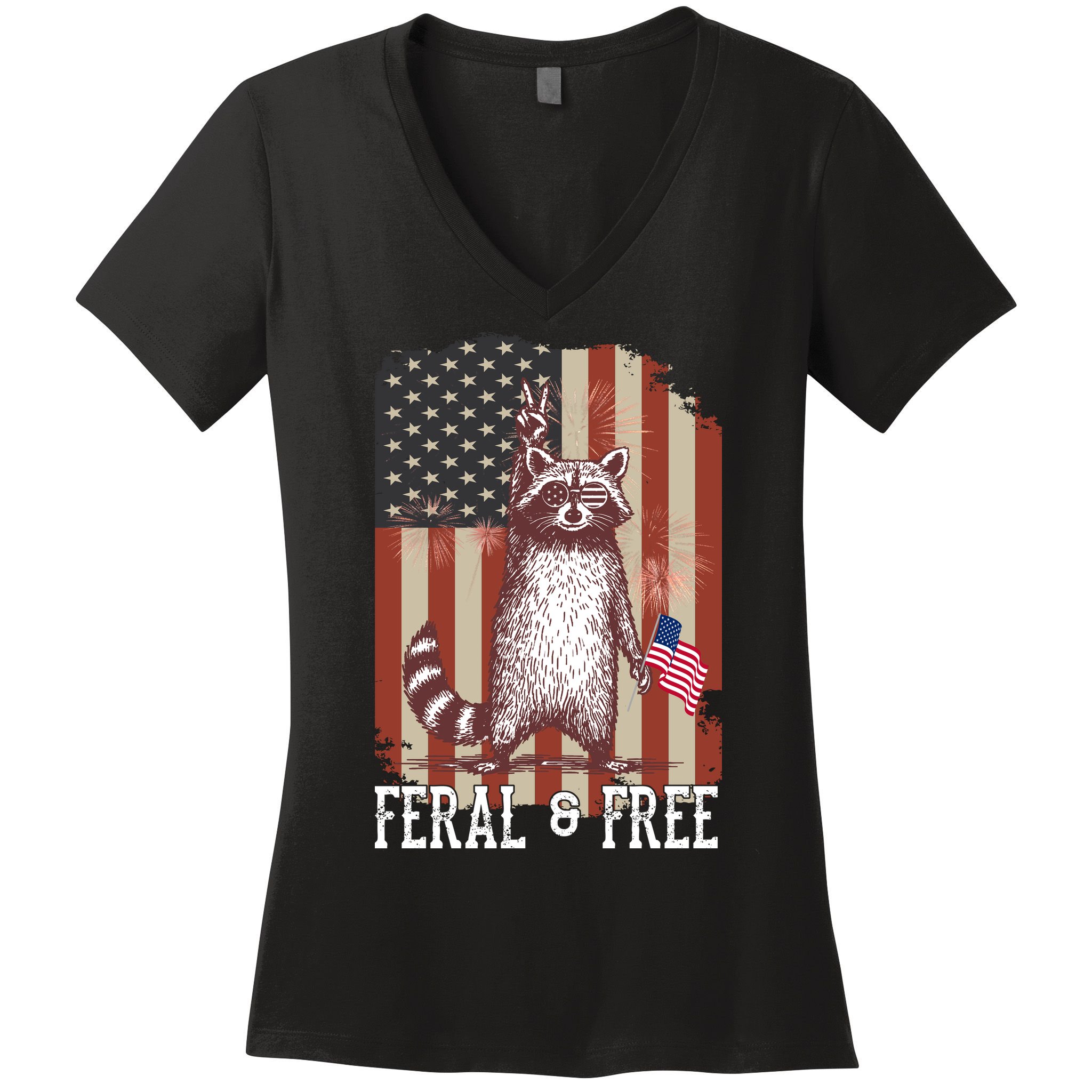 Feral But Free Raccoon July 4th Patriotic For Family Women's V-Neck T-Shirt