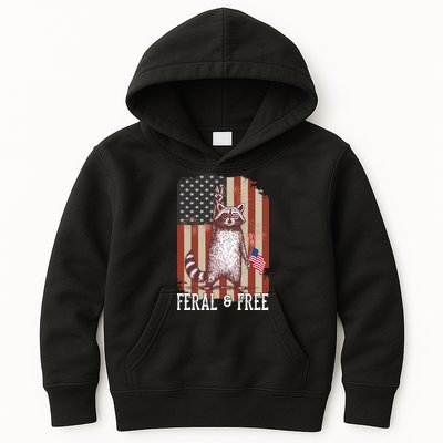 Feral But Free Raccoon July 4th Patriotic For Family Kids Hoodie