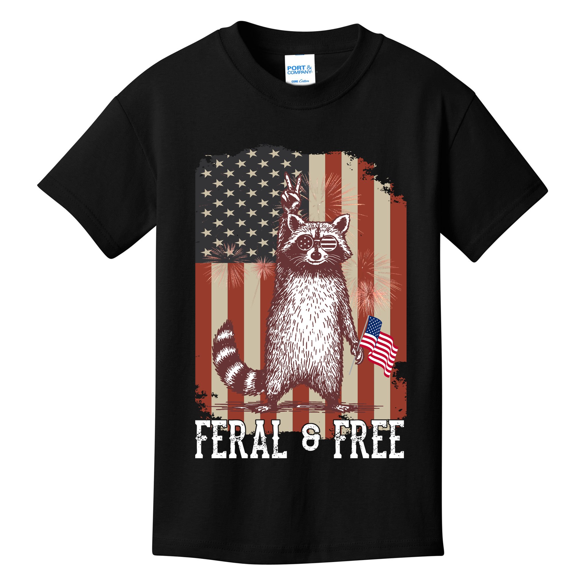 Feral But Free Raccoon July 4th Patriotic For Family Kids T-Shirt