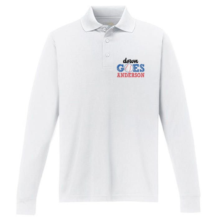 Funny Baseball Fight Down Goes Anderson Performance Long Sleeve Polo