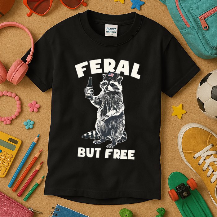 Feral But Free Funny Raccoon Kids T-Shirt
