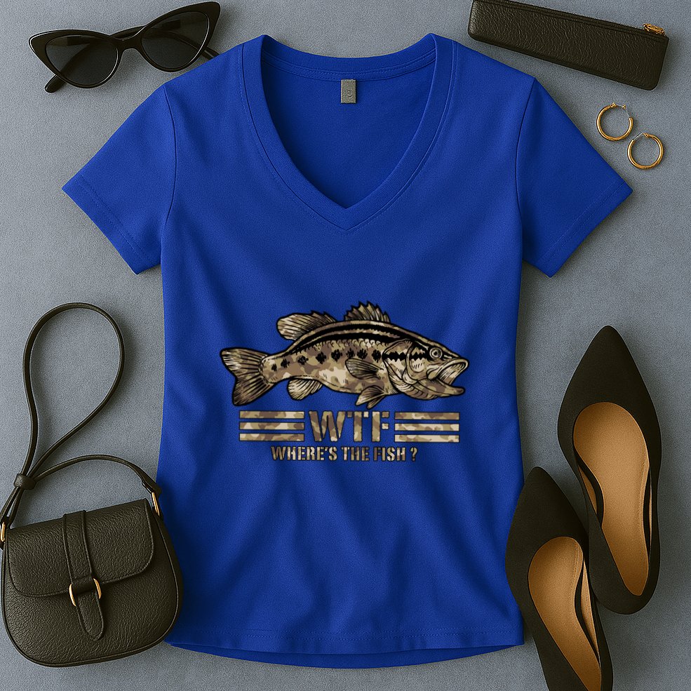 Funny Bass Fishing Camo Wtf Wheres The Fish Gift Women's V-Neck T-Shirt