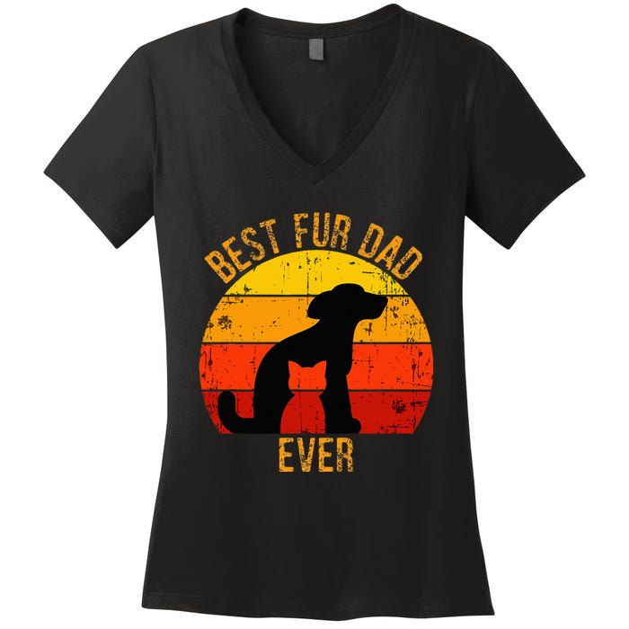 Funny Best Fur Dad Ever Vintage Retro Dog Cat Owner Women's V-Neck T-Shirt