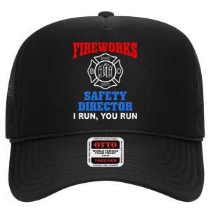 Funny Bang Firecracker Firework Safety Director I Run You Ru High Crown Mesh Back Trucker Hat