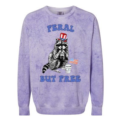 Feral But Free Funny 4th Of July Raccoon Independence Day Colorblast Crewneck Sweatshirt