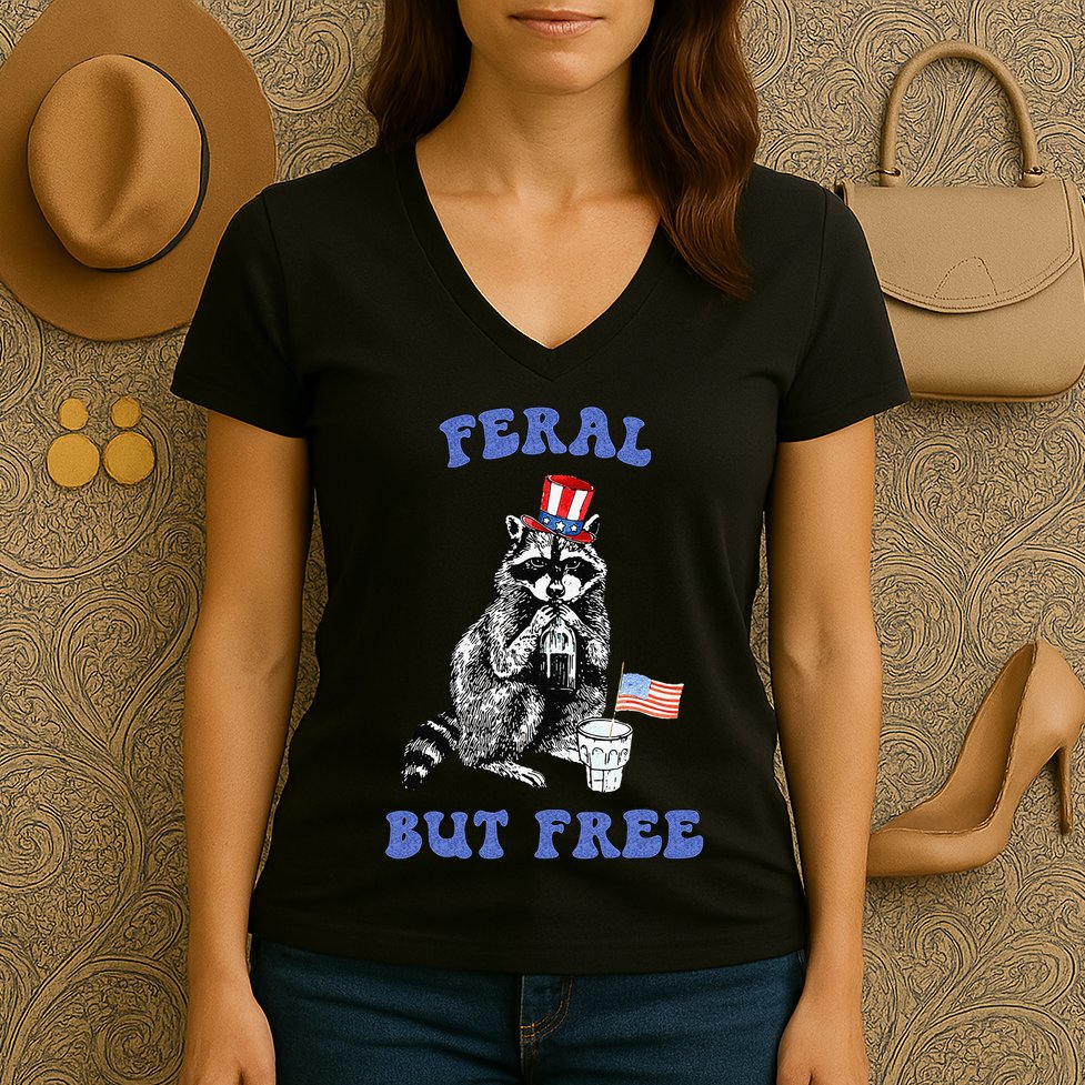 Feral But Free Funny 4th Of July Raccoon Independence Day Women's V-Neck T-Shirt