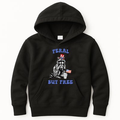 Feral But Free Funny 4th Of July Raccoon Independence Day Kids Hoodie