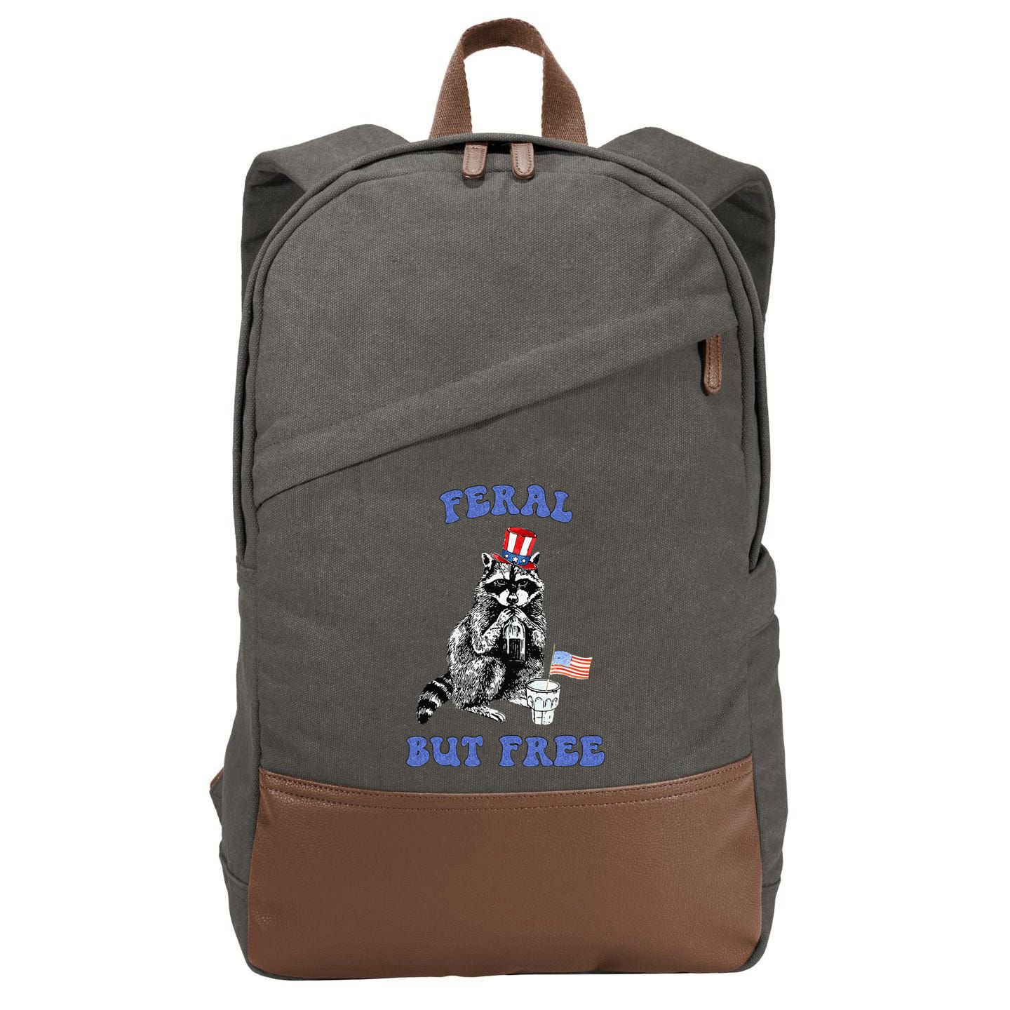 Feral But Free Funny 4th Of July Raccoon Independence Day Cotton Canvas Backpack