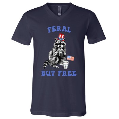 Feral But Free Funny 4th Of July Raccoon Independence Day V-Neck T-Shirt