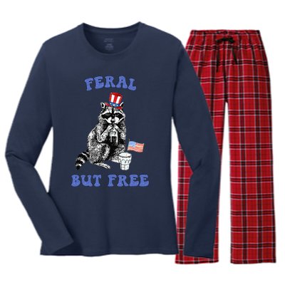 Feral But Free Funny 4th Of July Raccoon Independence Day Women's Long Sleeve Flannel Pajama Set 