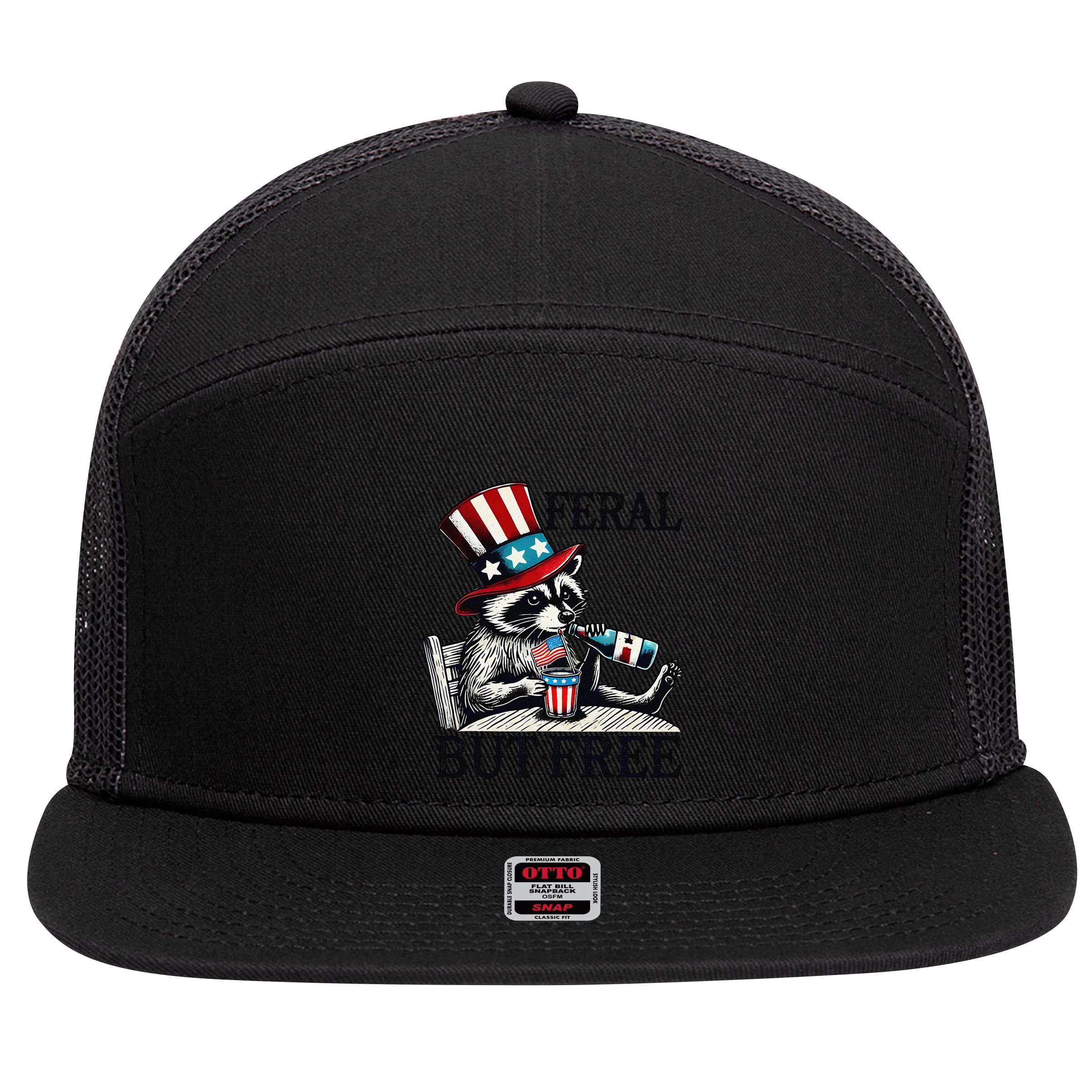 Feral But Free Patriotic Raccoon Funny Usa 7 Panel Mesh Trucker Snapback Hat