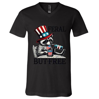Feral But Free Patriotic Raccoon Funny Usa V-Neck T-Shirt