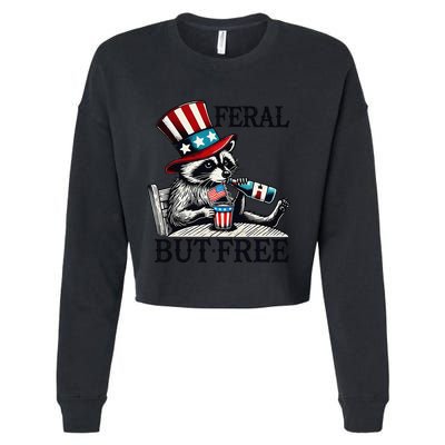 Feral But Free Patriotic Raccoon Funny Usa Cropped Pullover Crew