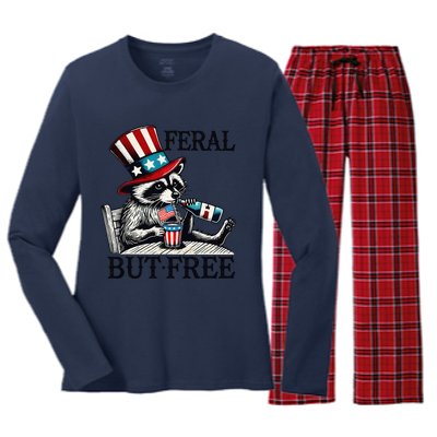 Feral But Free Patriotic Raccoon Funny Usa Women's Long Sleeve Flannel Pajama Set 