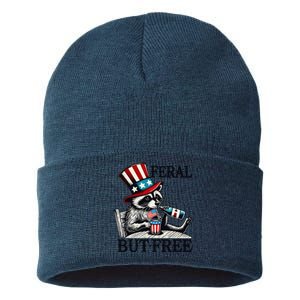 Feral But Free Patriotic Raccoon Funny Usa Sustainable Knit Beanie