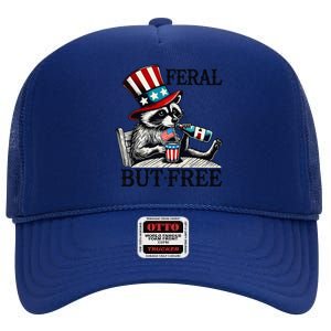 Feral But Free Patriotic Raccoon Funny Usa High Crown Mesh Back Trucker Hat