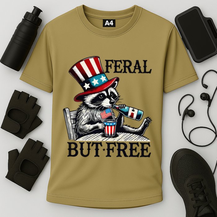 Feral But Free Patriotic Raccoon Funny Usa Cooling Performance Crew T-Shirt