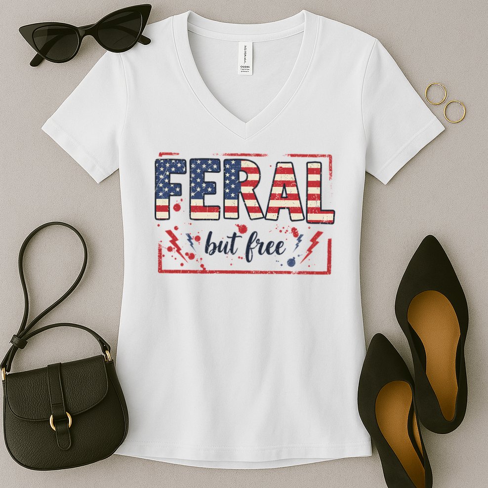 Feral but free america flag Women's V-Neck T-Shirt