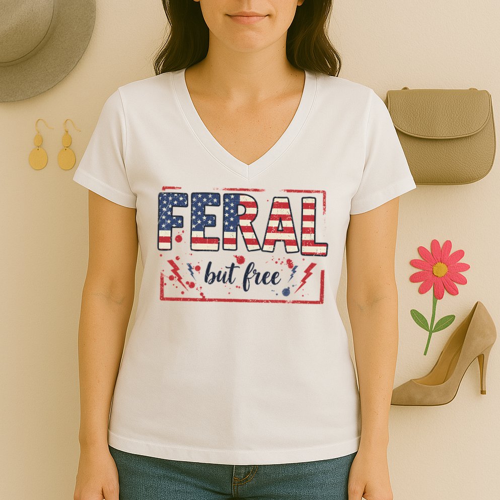 Feral but free america flag Women's V-Neck T-Shirt