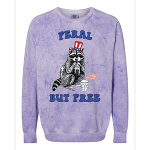 Feral But Free Funny 4th Of July Raccoon Independence Day Colorblast Crewneck Sweatshirt