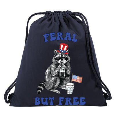 Feral But Free Funny 4th Of July Raccoon Independence Day Drawstring Bag