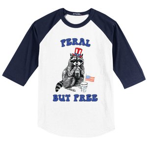 Feral But Free Funny 4th Of July Raccoon Independence Day Baseball Sleeve Shirt