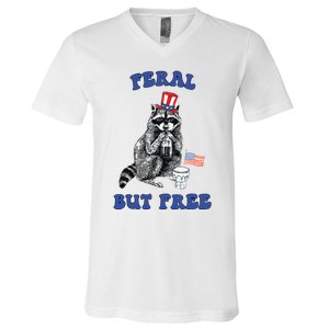 Feral But Free Funny 4th Of July Raccoon Independence Day V-Neck T-Shirt