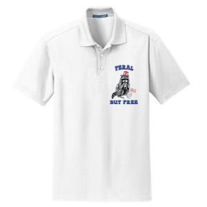 Feral But Free Funny 4th Of July Raccoon Independence Day Dry Zone Grid Polo