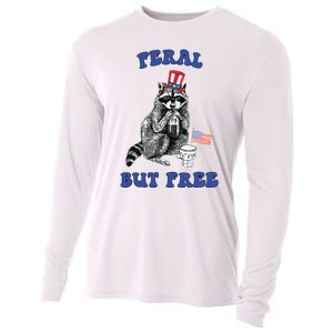 Feral But Free Funny 4th Of July Raccoon Independence Day Cooling Performance Long Sleeve Crew