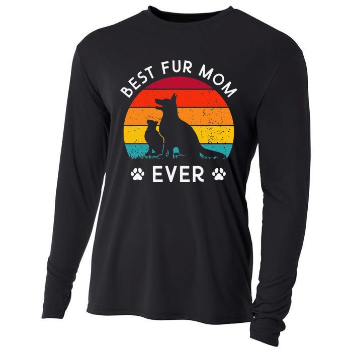 Funny Best Fur MOM Ever Vintage Retro Dog and Cat Owner Love Cooling Performance Long Sleeve Crew